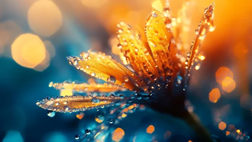 Dewdrop-Covered Flower Petals with Warm Golden Bokeh.