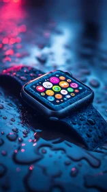 Neon raindrops crown a glowing smartwatch in midnight blues