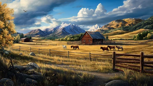 Mountain valley ranch landscape with cattle and barns.