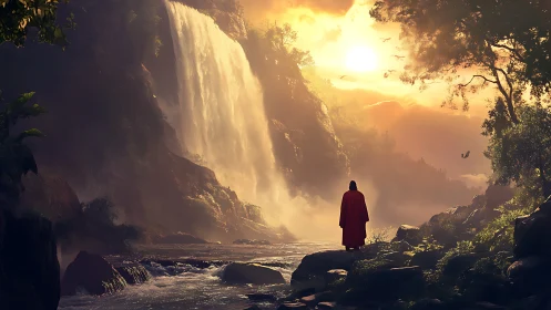 Solitary wanderer contemplates a radiant waterfall sunset.