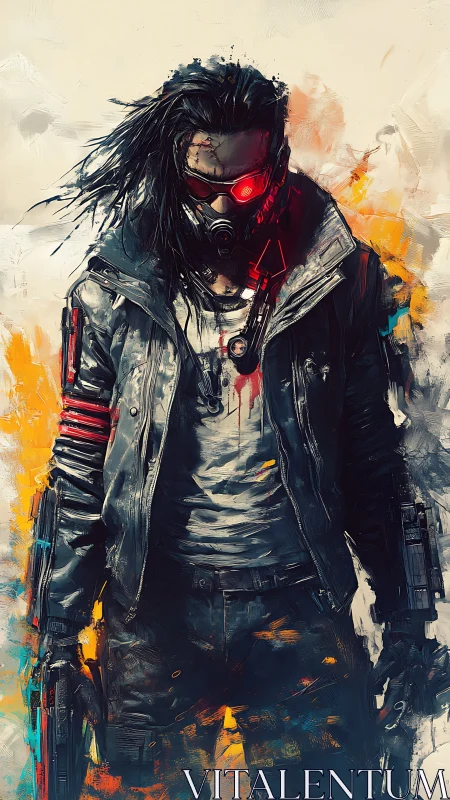 Cybernetic enforcer with red optics in volatile paintfield.