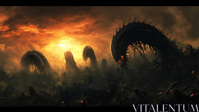 Sunset leviathans coil through a wasteland of burning fog.