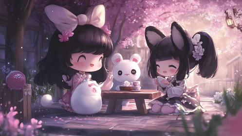 Sweet friends share tea beneath glowing cherry blossoms