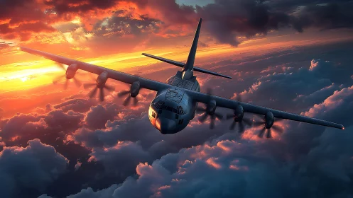 Sunset flight over glowing clouds in a calm open sky.