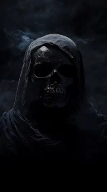 Mysterious hooded skull emerging from swirling midnight shadow.