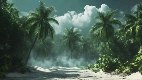 Tropical Beach Coastline with Atmospheric Volumetric Mist and Palm Verdancy.