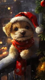 Puppy in Santa hat gazes over snowy Christmas balcony