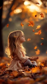Young child seated among autumn foliage with falling leaves.