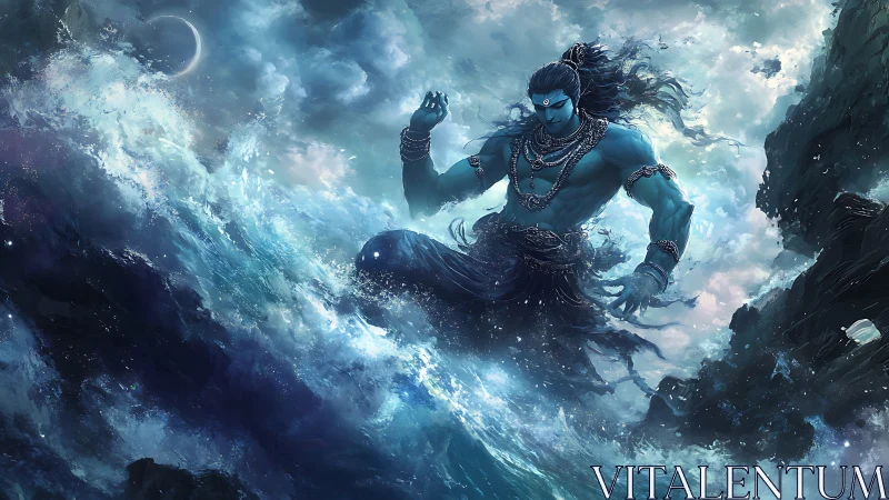 Mythic blue sea god commanding raging storm waves.