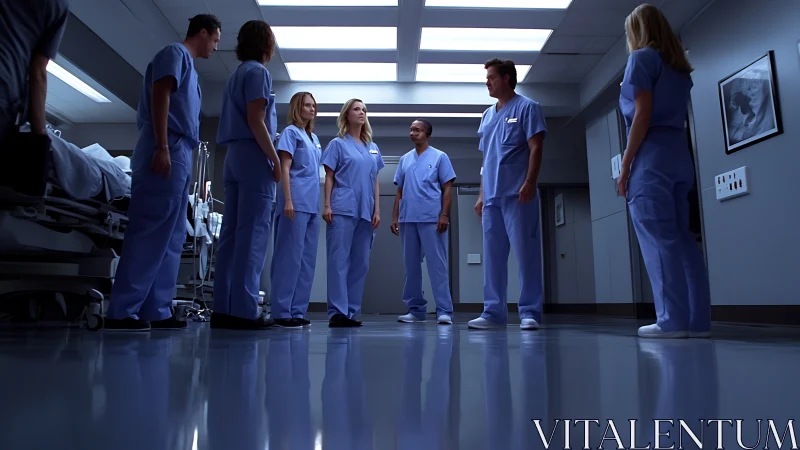 Medical staff stand in discussion in a hospital corridor