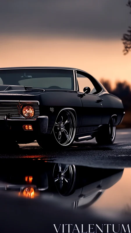 Classic muscle car reflects in wet asphalt under dusk sky