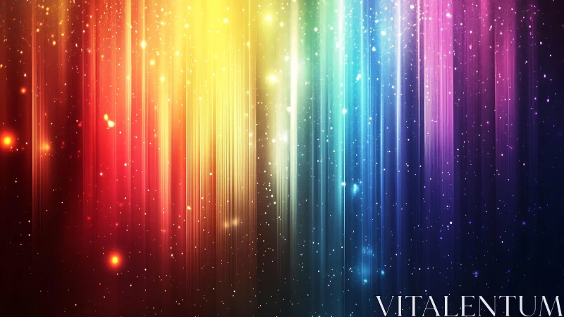 Vibrant Rainbow Light Beams with Sparkling Stars, Digital Abstract Art.