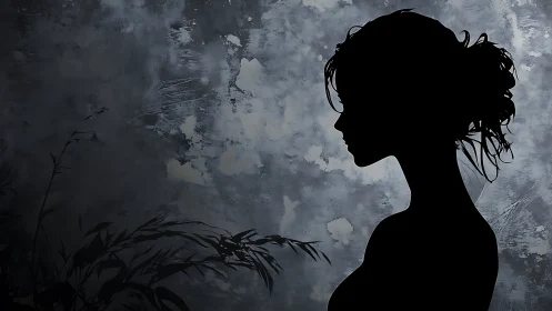 Silhouette of woman in profile against textured gray wall.
