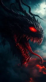 Infernal dragon erupts from storm clouds with blazing fury