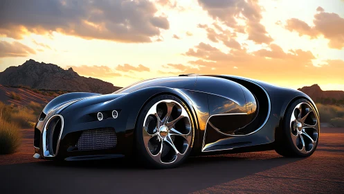 Futuristic black supercar cuts desert highway at sunset.