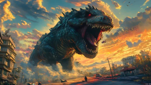 Colossal dragon rampages through sunlit ruined city street