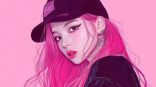 Pink haired girl in black cap with bold streetwear style.