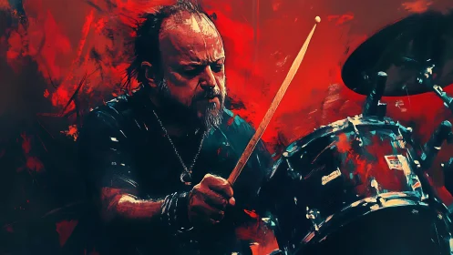 Drummer in intense red scene playing dynamic drum kit.