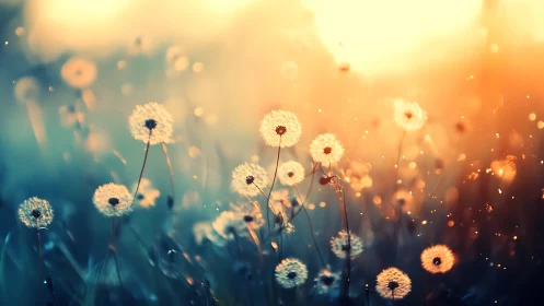 Dandelions Glowing in Sunset Light and Bokeh