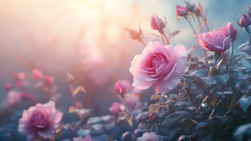 Pink Garden Roses in Golden Hour Backlighting with Bokeh Rendering.