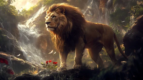 Male lion stands in forest clearing before cascading waterfall