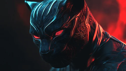 Rendered feline humanoid helmet shows intricate cyan circuitry