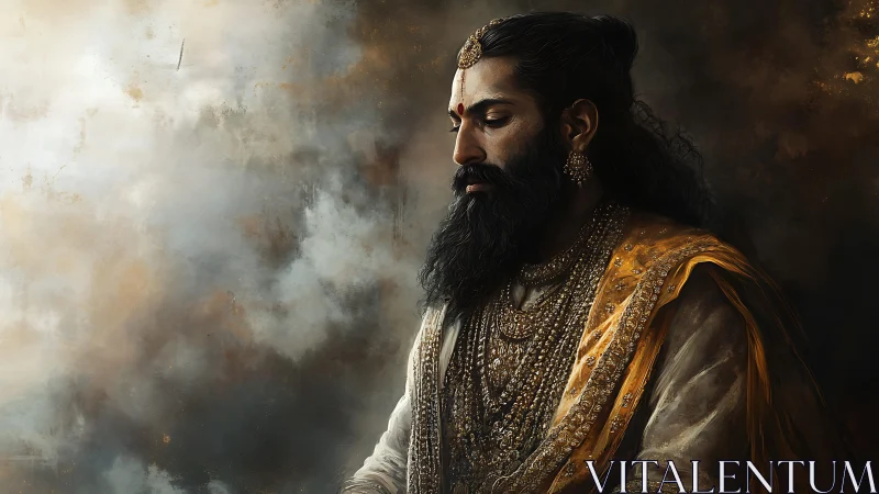 Profile view of regal bearded man in ornate garments.