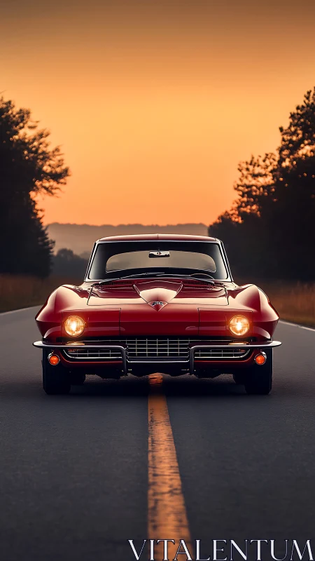 Red classic sports car centered on empty country road.