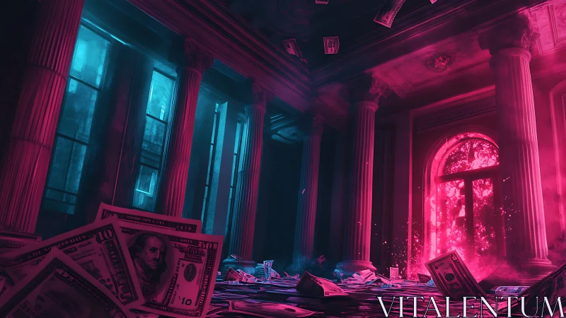 Neon-lit flooded bank interior with cascading currency chaos.