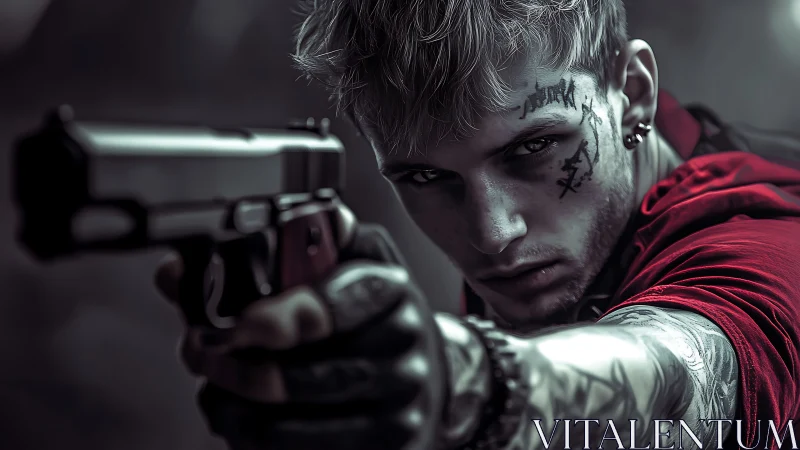 Tattooed young male aiming handgun in low key portrait.