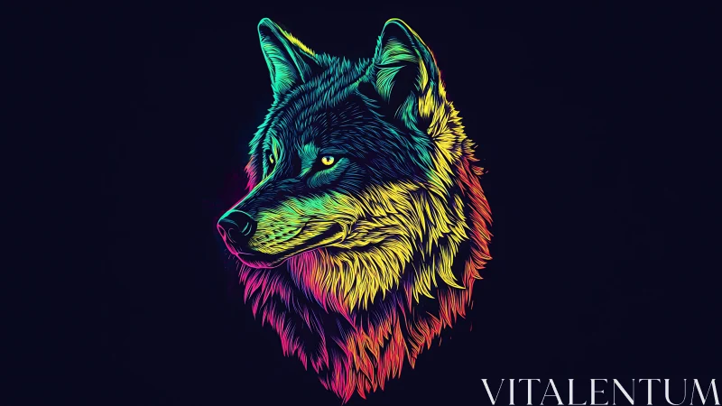 Neon wolf portrait in electric gradient linework profile.