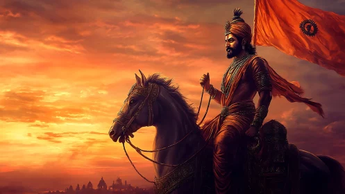 Warrior king rides at sunset, leading a fiery royal march