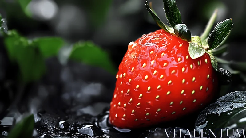 Juicy garden strawberry resting on cool, rain kissed soil.