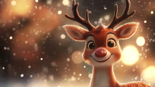 Snowlit red-nosed reindeer beaming through golden bokeh.