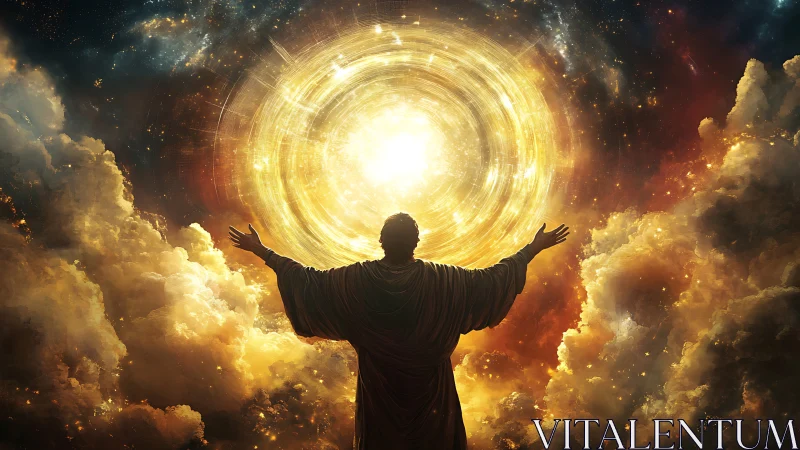 Mystic robed figure before radiant celestial energy vortex.