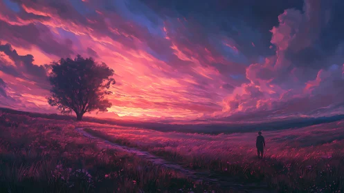 Twilight wanderer crossing a rose-lit dreaming meadow.