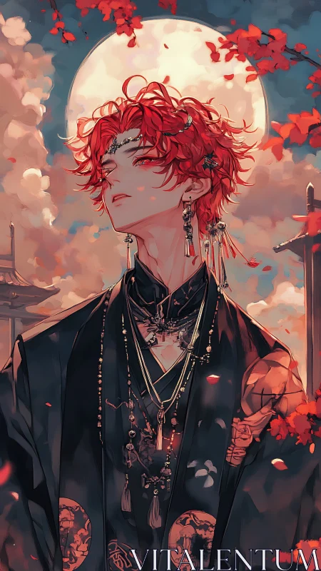 Red-haired figure in ornate robes stands before large full moon