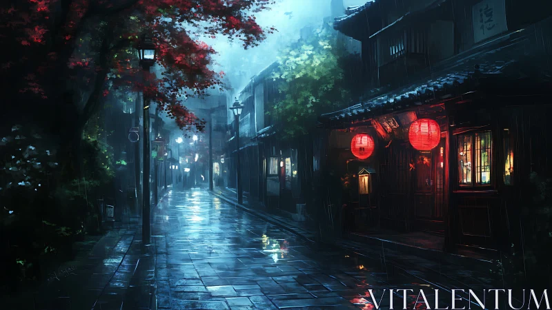 Rain-soaked alley with lantern-lit shopfronts at night.