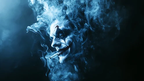 Smoky trickster grins in blue haze, half-born from darkness.