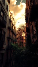 Cinematic urban canyon with verdant courtyard and skylit depth.