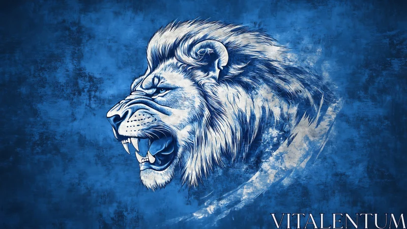Roaring lion profile in bold monochrome blue brushwork.