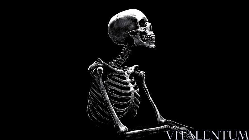 Side-lit human skeleton rendered in stark monochrome profile