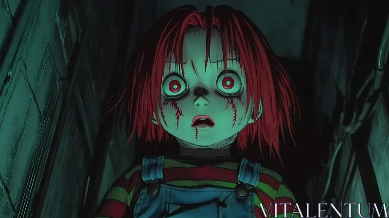 Distressed red haired doll in eerie corridor with cyan light.