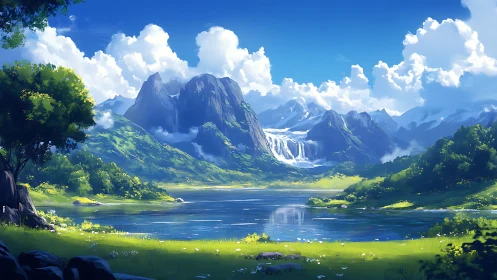 Verdant alpine lake with cascading glacier waterfalls at noon