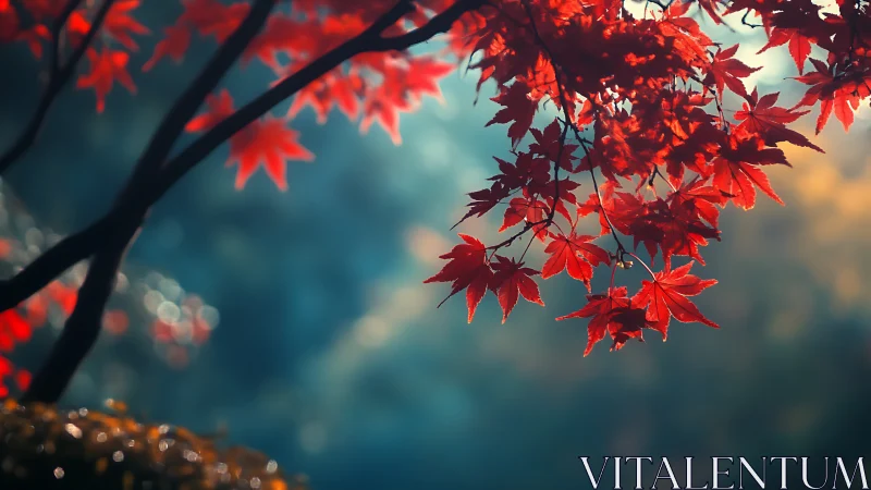 Scarlet maple leaves glow against a soft teal autumn haze