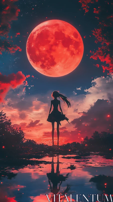 Silhouetted girl gazes at a colossal crimson moon at dusk