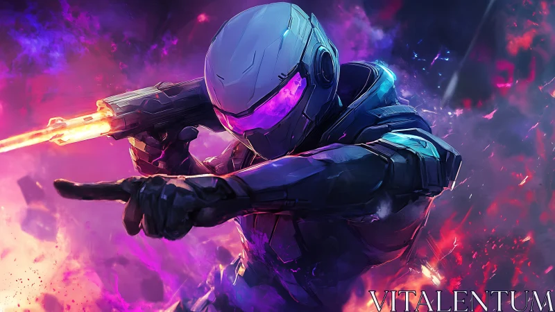 Cyberpunk exo-operator in neon firefight, dynamic framing.