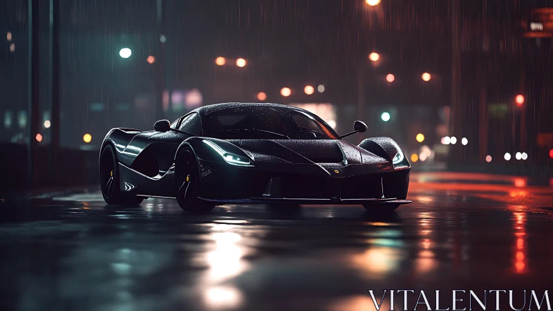 Sleek supercar cuts through rainy neon city streets at night