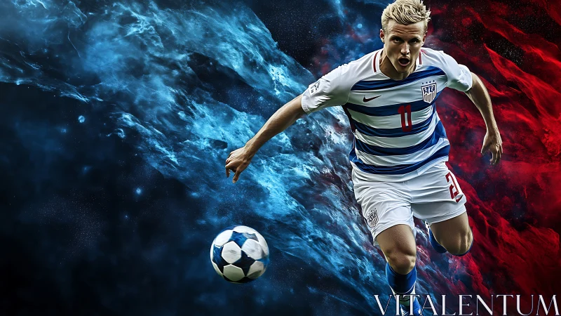 Explosive soccer sprint amid swirling red and blue nebulae.