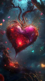 Glowing heart structure suspended in atmospheric space